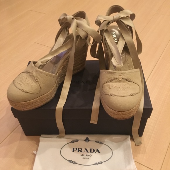 Prada Shoes - 💯Auth PRADA Ankle Tie Espadrille Wedges Sz6.5